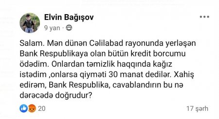 “Bank Respublika” müştərilərinə bu kağızı 30 manata satır